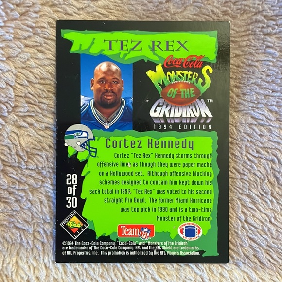 1994 Coca Cola #28 Tez Rex Cortez Kennedy Seahawks Monsters of the Gridi… - Picture 2 of 3